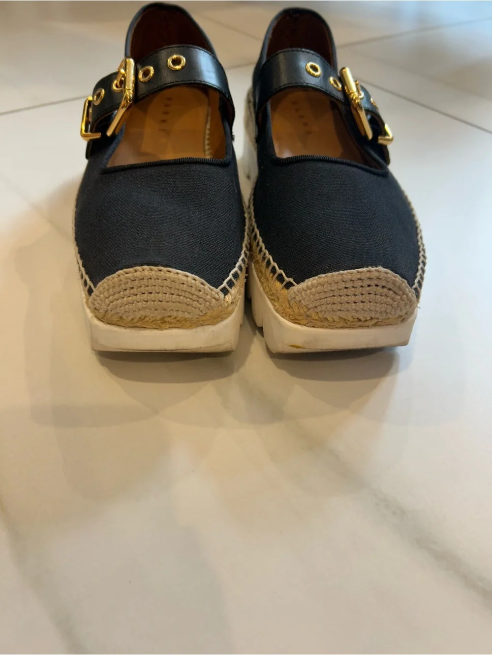 Marni Black Espadrille Mary Jane Flats with Gold Buckles